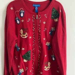 Red Zip-up Embroidered Christmas Cardigan Sweater